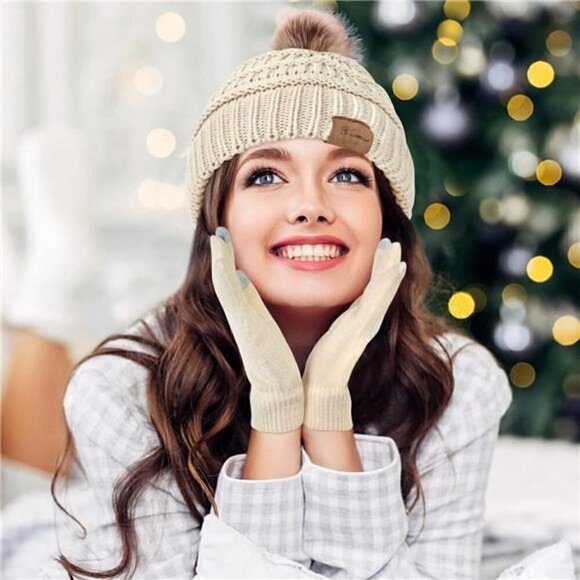 Winter Hat Scarf Touch Screen Gloves Set 3 Pcs Warm Knit Fleece Lined Beanie NEW - Picture 5 of 5